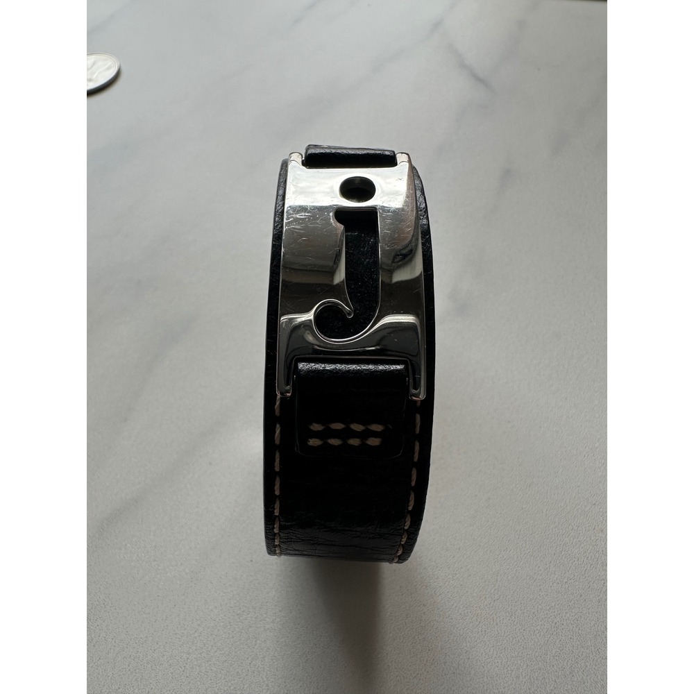 Fossil Black Leather Cuff Bracelet Silver J Logo Plate Adjustable Buckle
